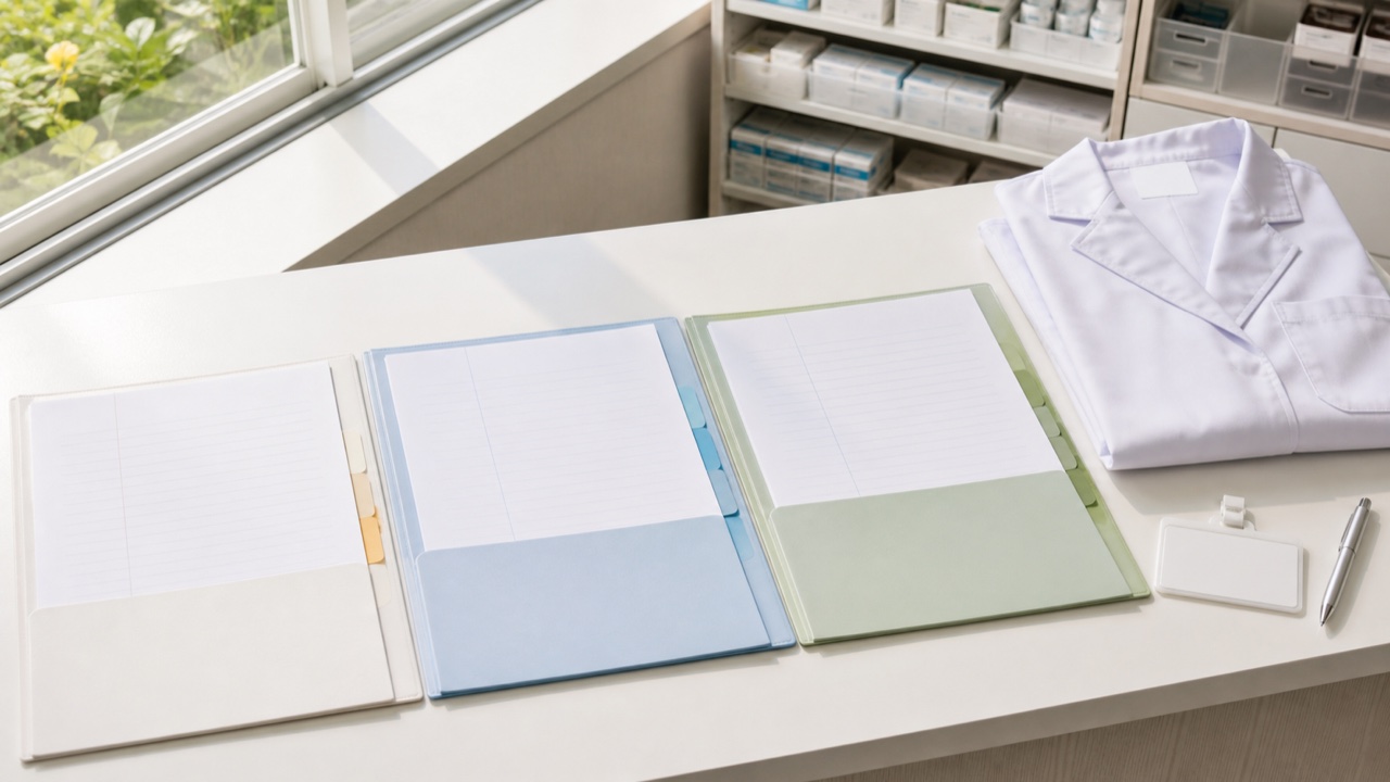 薬剤師の給与条件を比較する3色の書類ファイルと白衣