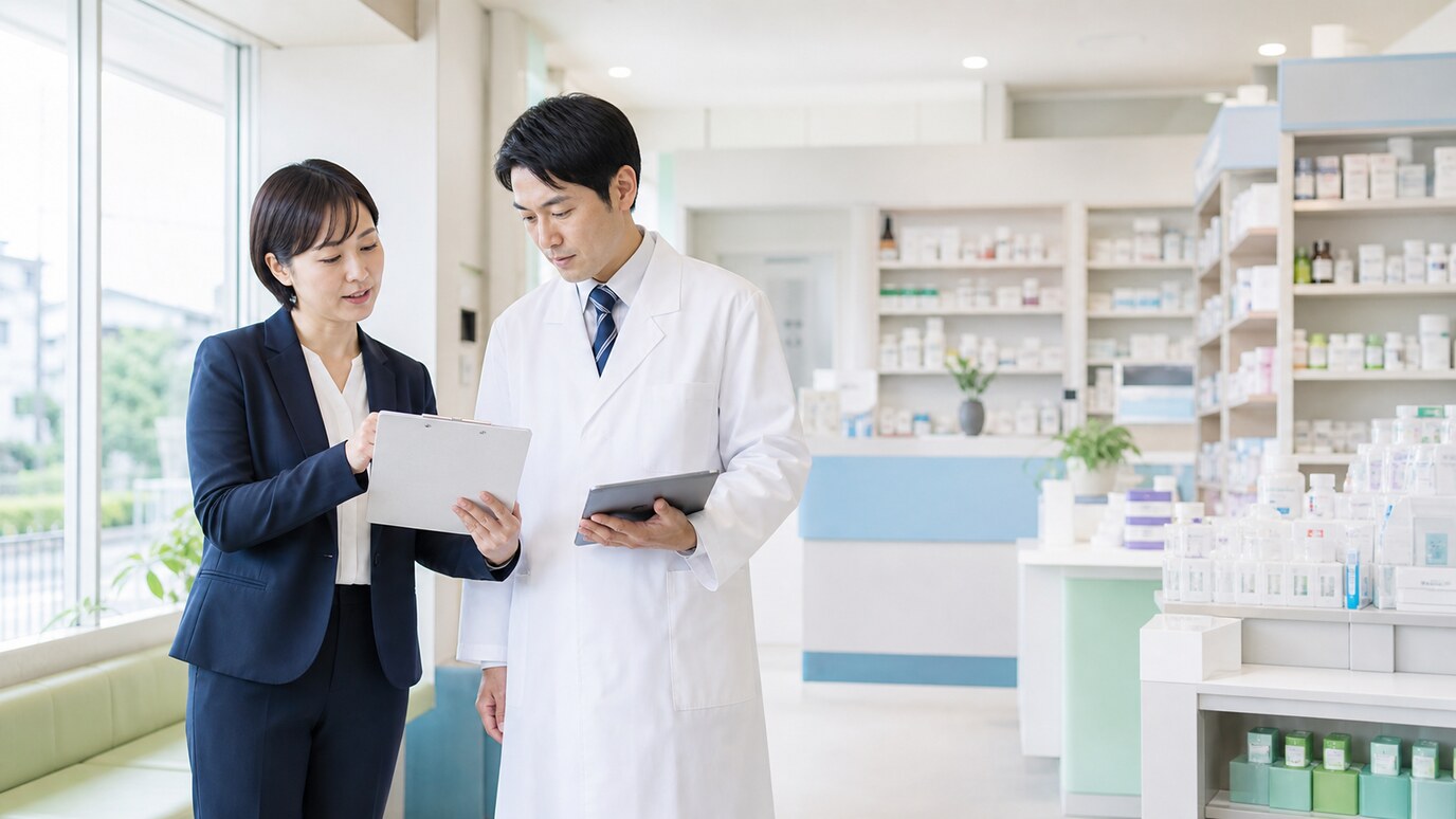 薬局内で薬剤師が転職相談員と求人条件を確認している写真