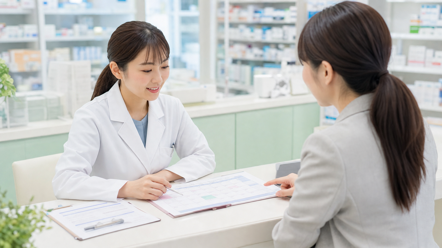 薬剤師が派遣勤務のシフトと条件を相談している写真風画像