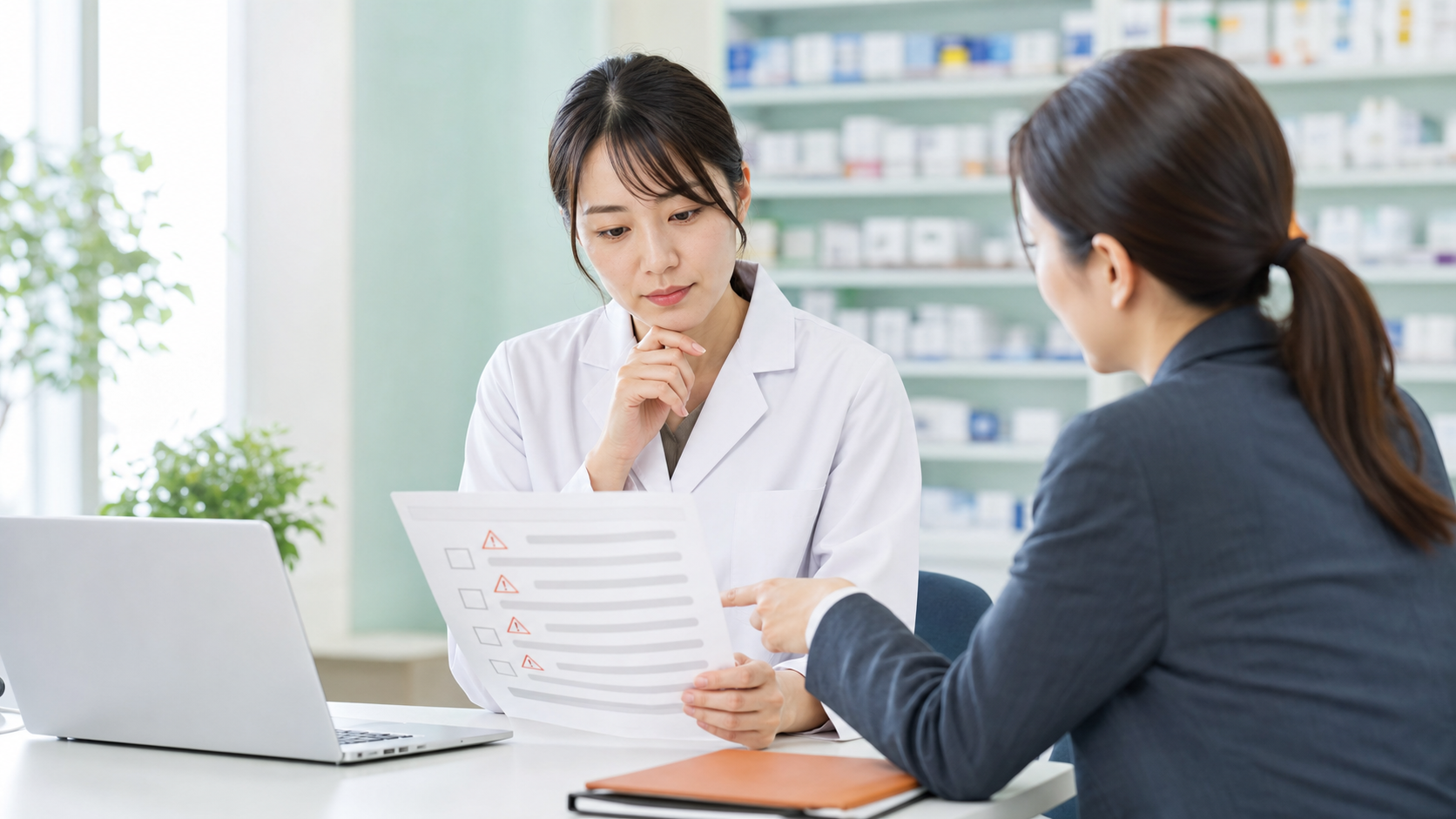 薬剤師が転職前のチェックリストを確認している写真風画像
