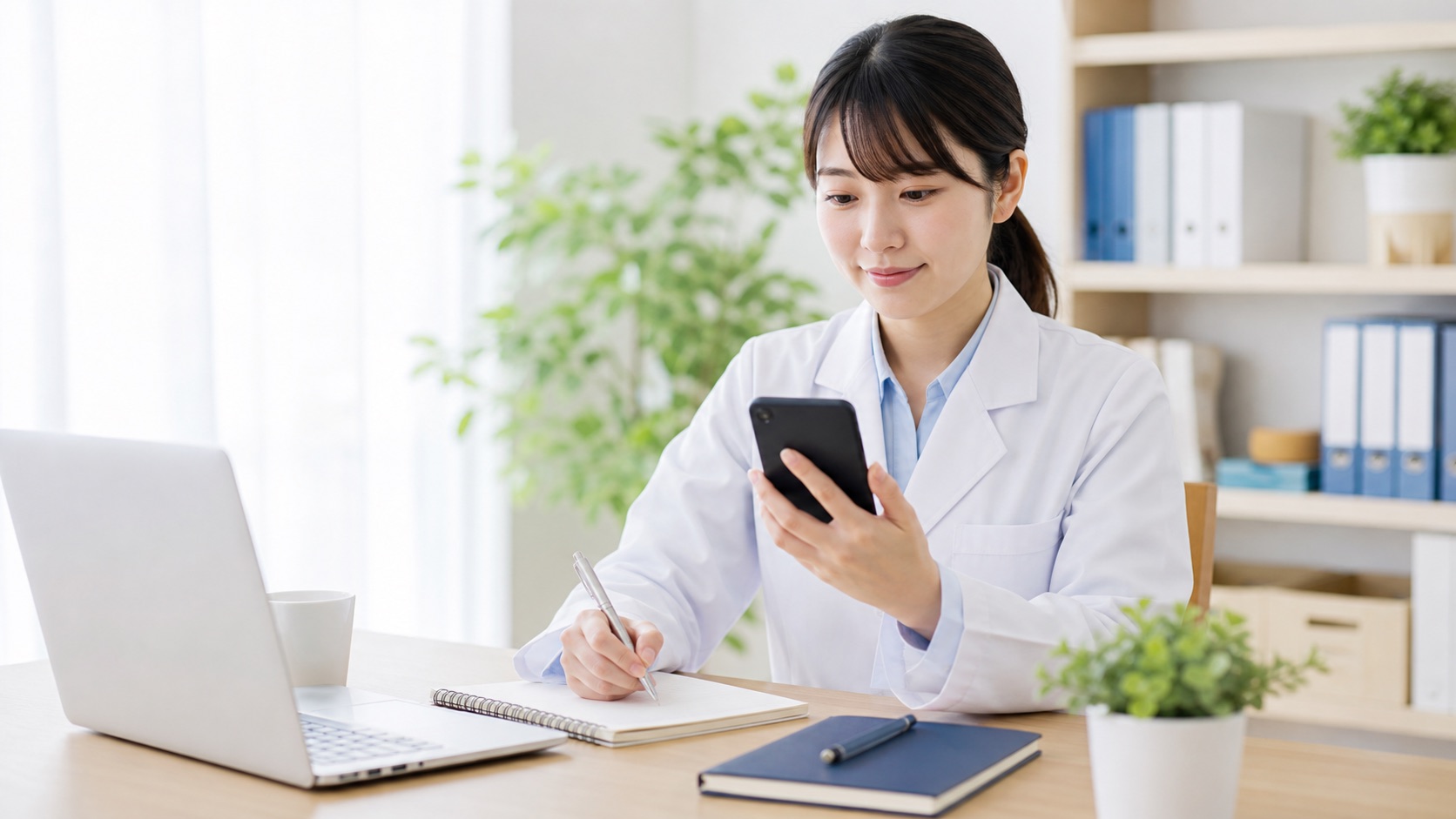 薬剤師が転職サイトからの電話連絡を落ち着いて調整している写真風アイキャッチ