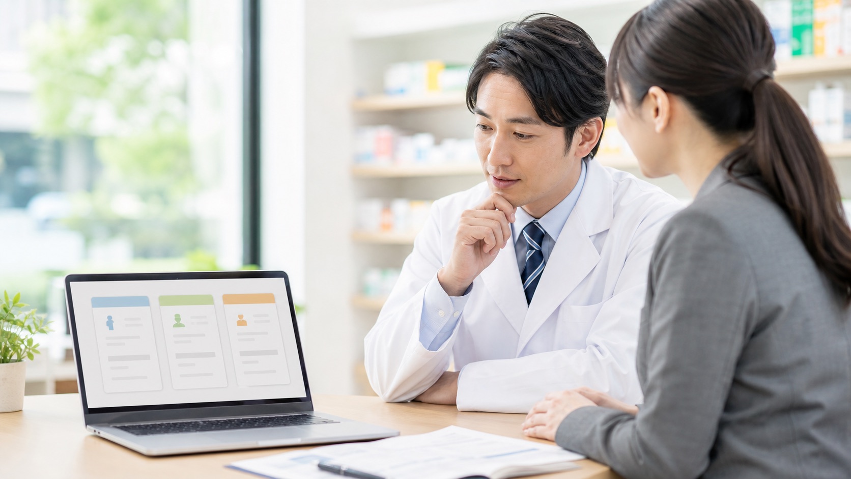 薬剤師が転職サイトの求人を比較しキャリア相談を受けている写真風アイキャッチ