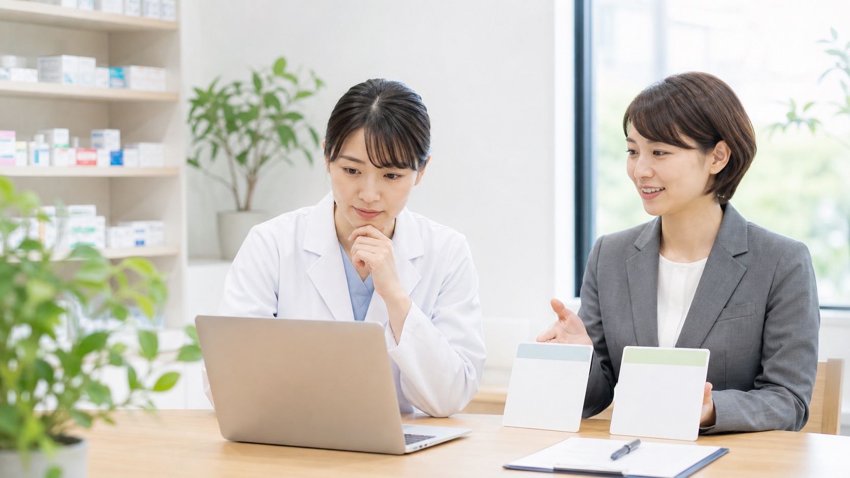 薬剤師が転職サイトを使うべきか相談しながら比較している写真風アイキャッチ