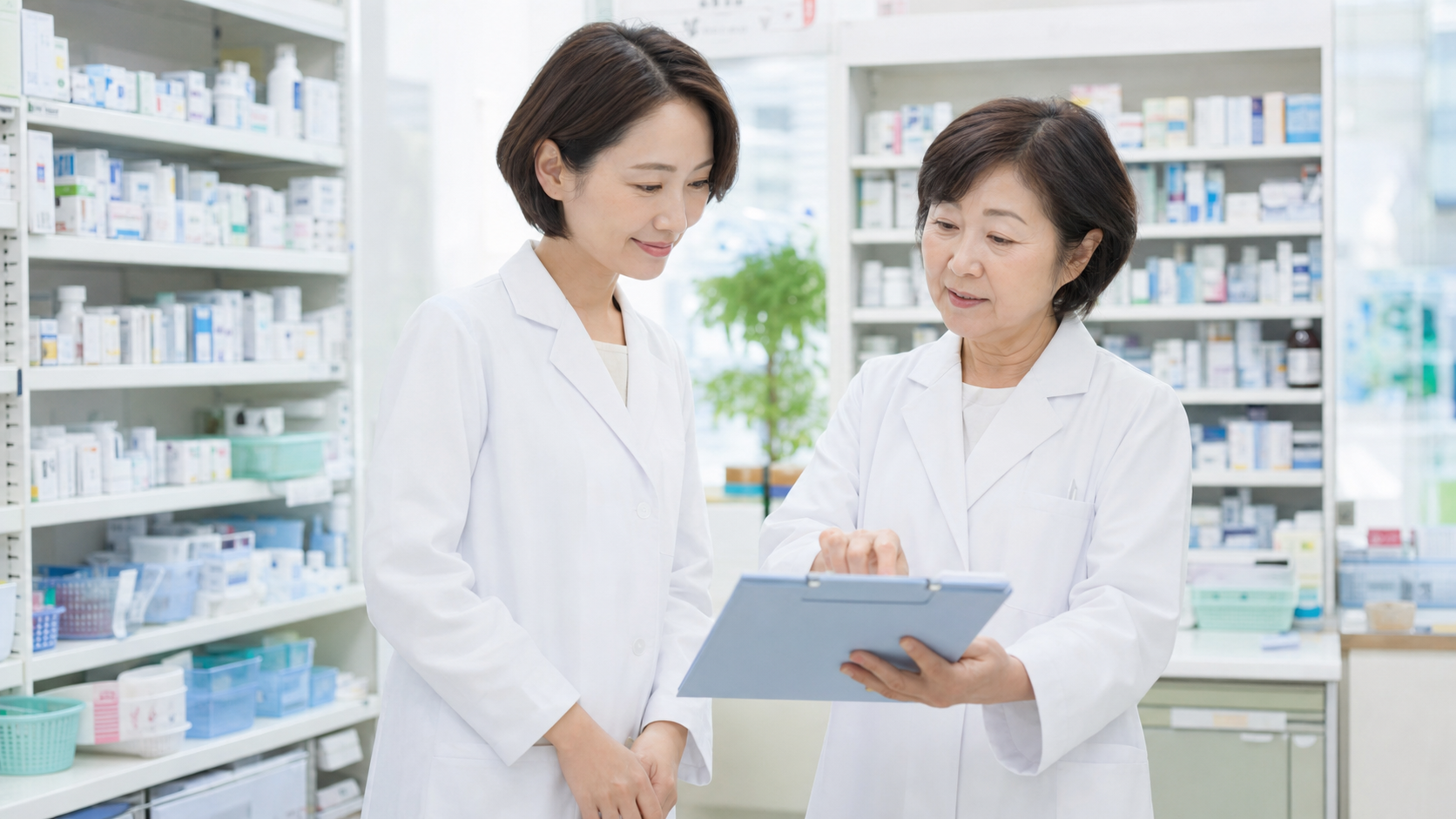 復職に向けて先輩薬剤師から業務手順を学ぶ薬剤師