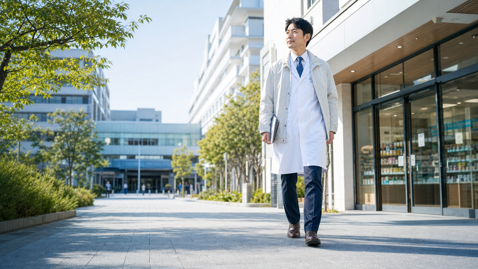 門前薬局の外で新しい勤務先を考える薬剤師