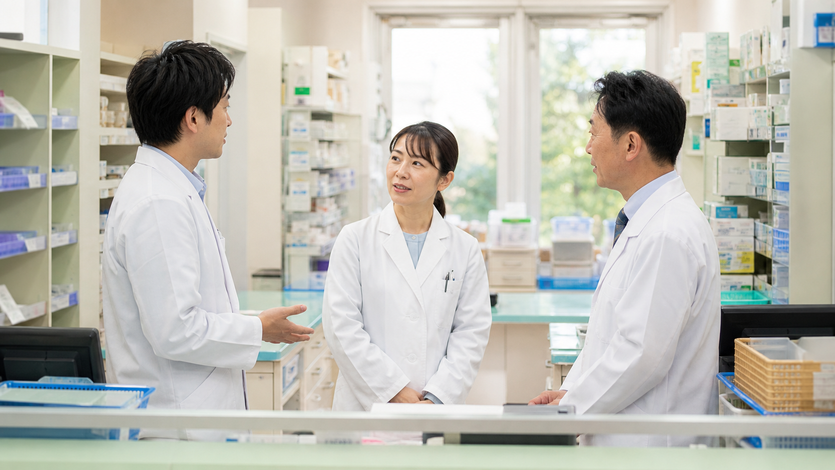 薬局内で職場のコミュニケーションを話し合う薬剤師チーム