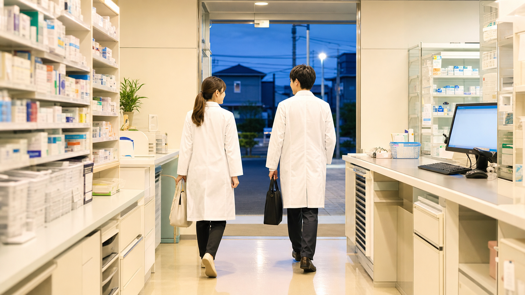 残業の少ない職場で勤務を終えて帰宅する薬剤師